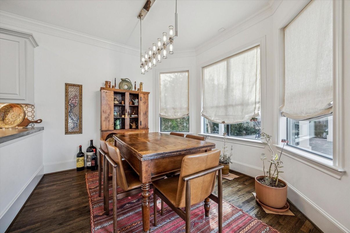 Dining room, Interior, Pendant Lights, Wood Texture Flooring