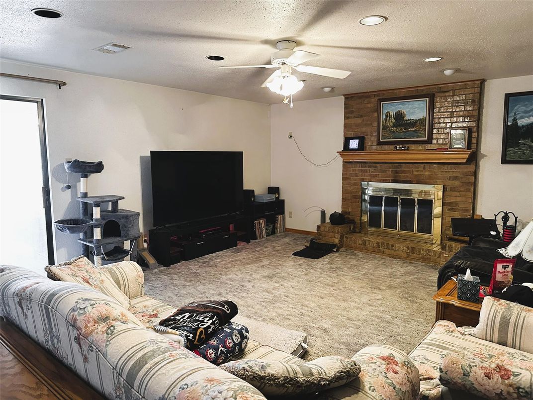 Fireplace, Interior, Living room, Recessed Lighting, Stone Walls