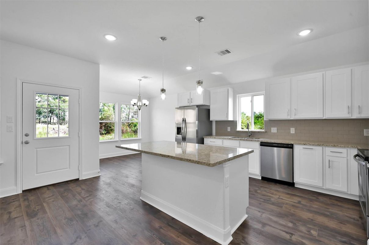 Chandelier, Interior, Kitchen, Pendant Lights, Recessed Lighting, Stainless Steel Appliances, Wood Texture Flooring