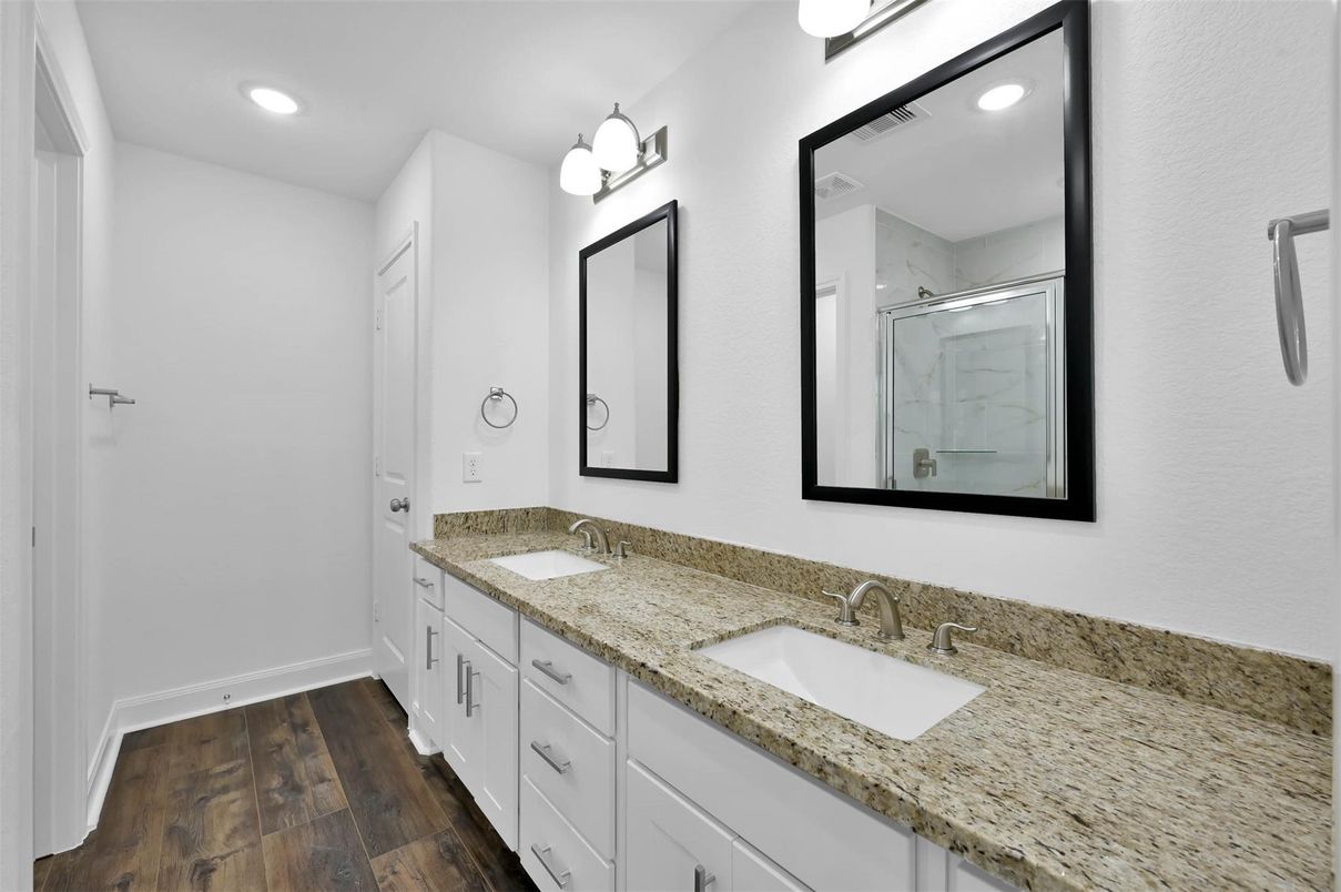 Bathroom, Dual Sink Vanities, Interior, Recessed Lighting, Wood Texture Flooring