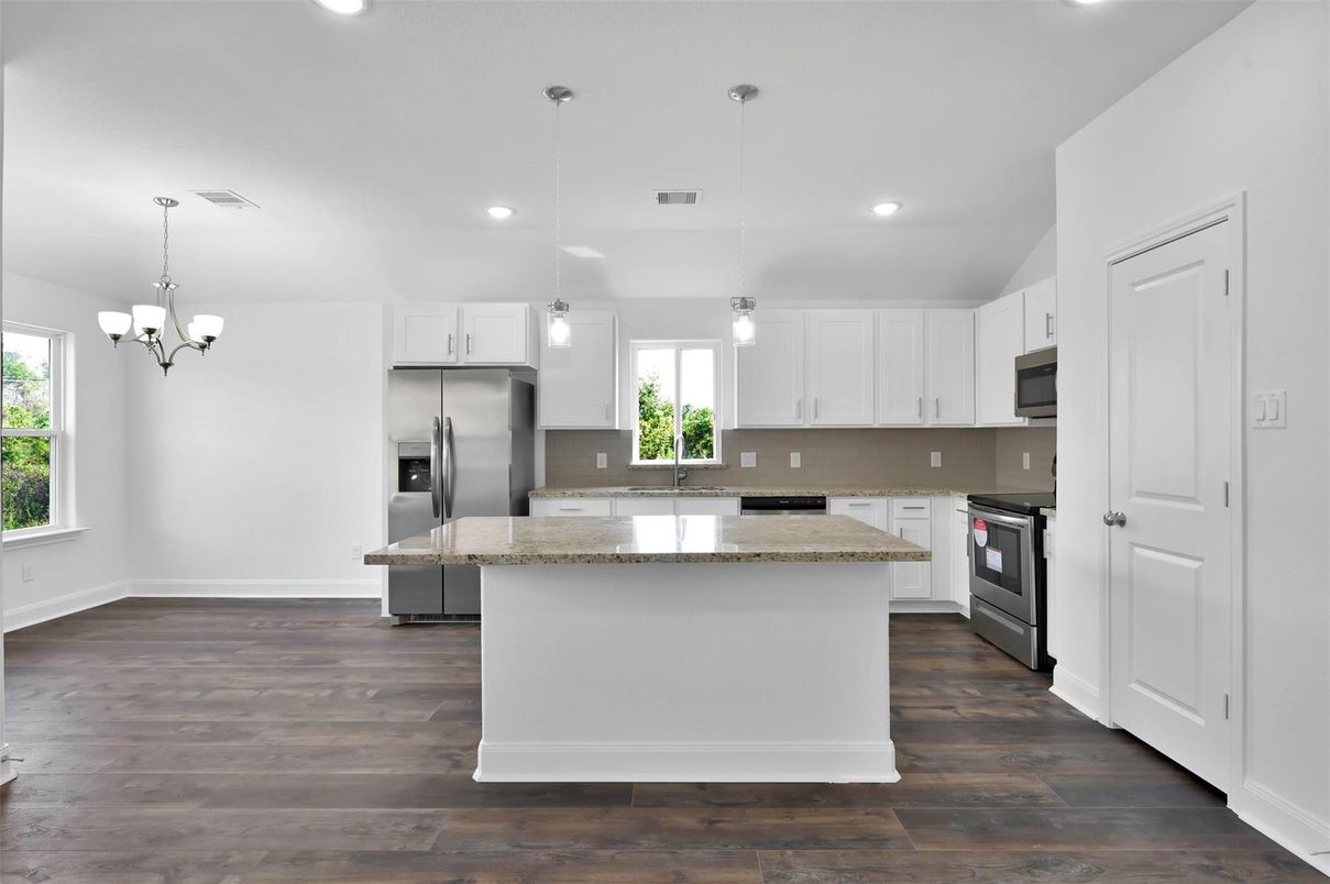 Chandelier, Interior, Kitchen, Pendant Lights, Recessed Lighting, Stainless Steel Appliances, Wood Texture Flooring