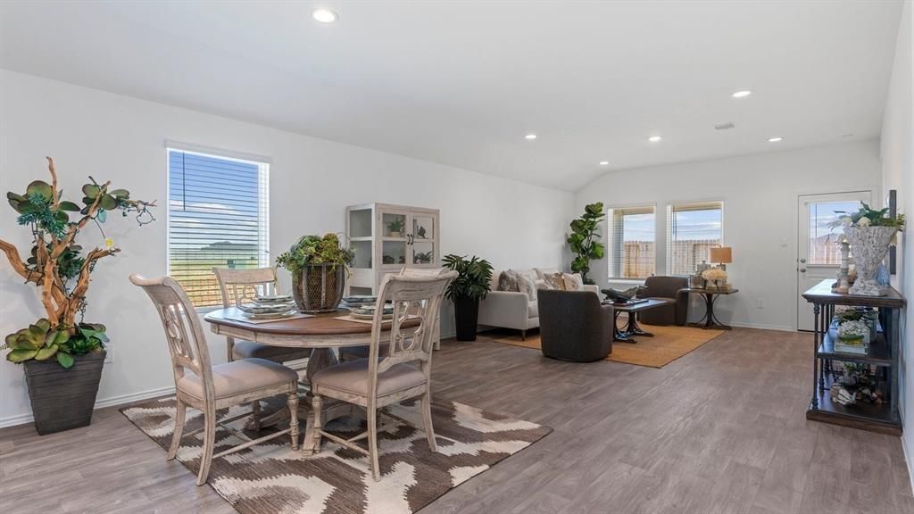 Dining room, Interior, Living room, Recessed Lighting, Wood Texture Flooring