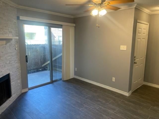 Empty room, Fireplace, Interior, Stone Walls, Wood Texture Flooring