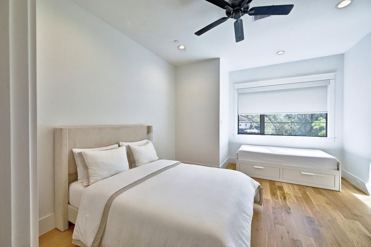 Bedroom, Interior, Recessed Lighting, Wood Texture Flooring