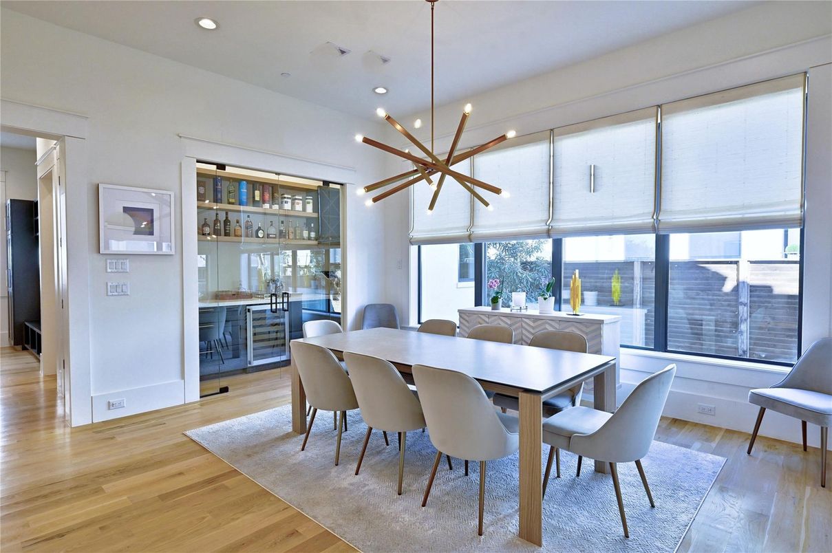 Dining room, Interior, Pendant Lights, Recessed Lighting, Wood Texture Flooring