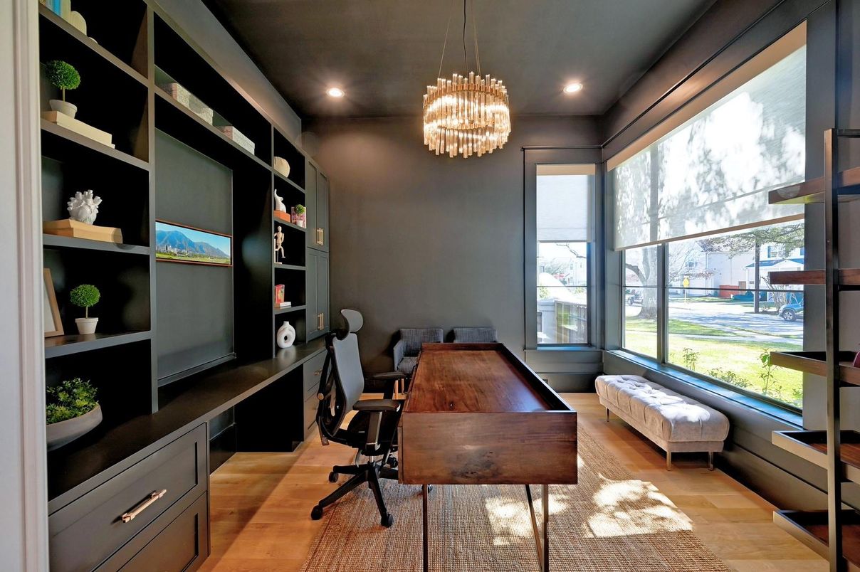 Chandelier, Home Office, Interior, Recessed Lighting, Wood Texture Flooring