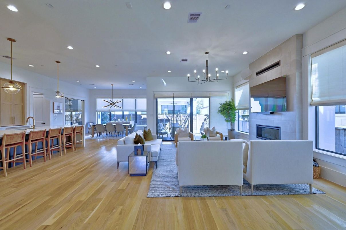 Dining room, Fireplace, Interior, Living room, Pendant Lights, Recessed Lighting, Wood Texture Flooring
