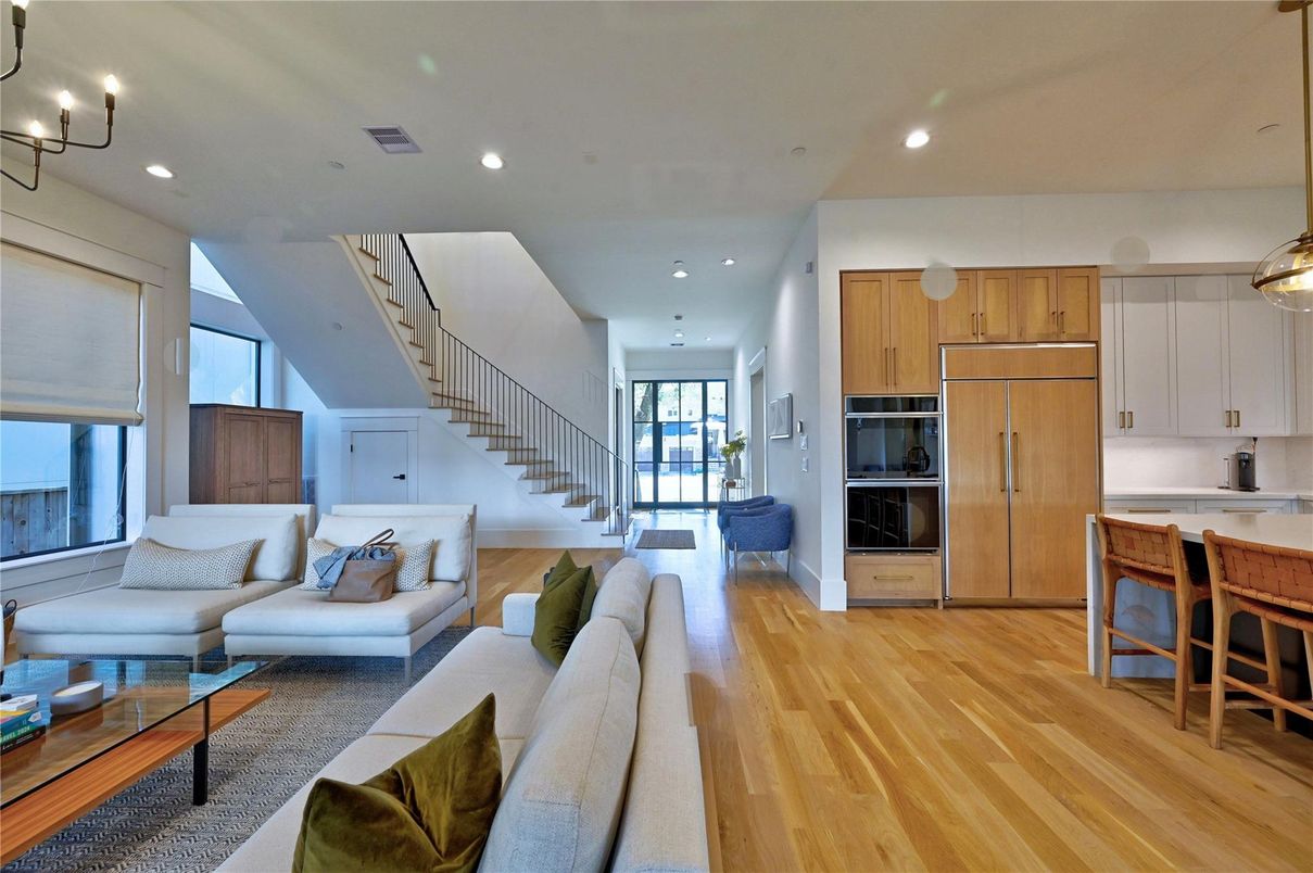 Interior, Kitchen, Living room, Pendant Lights, Recessed Lighting, Stainless Steel Appliances, Wood Texture Flooring