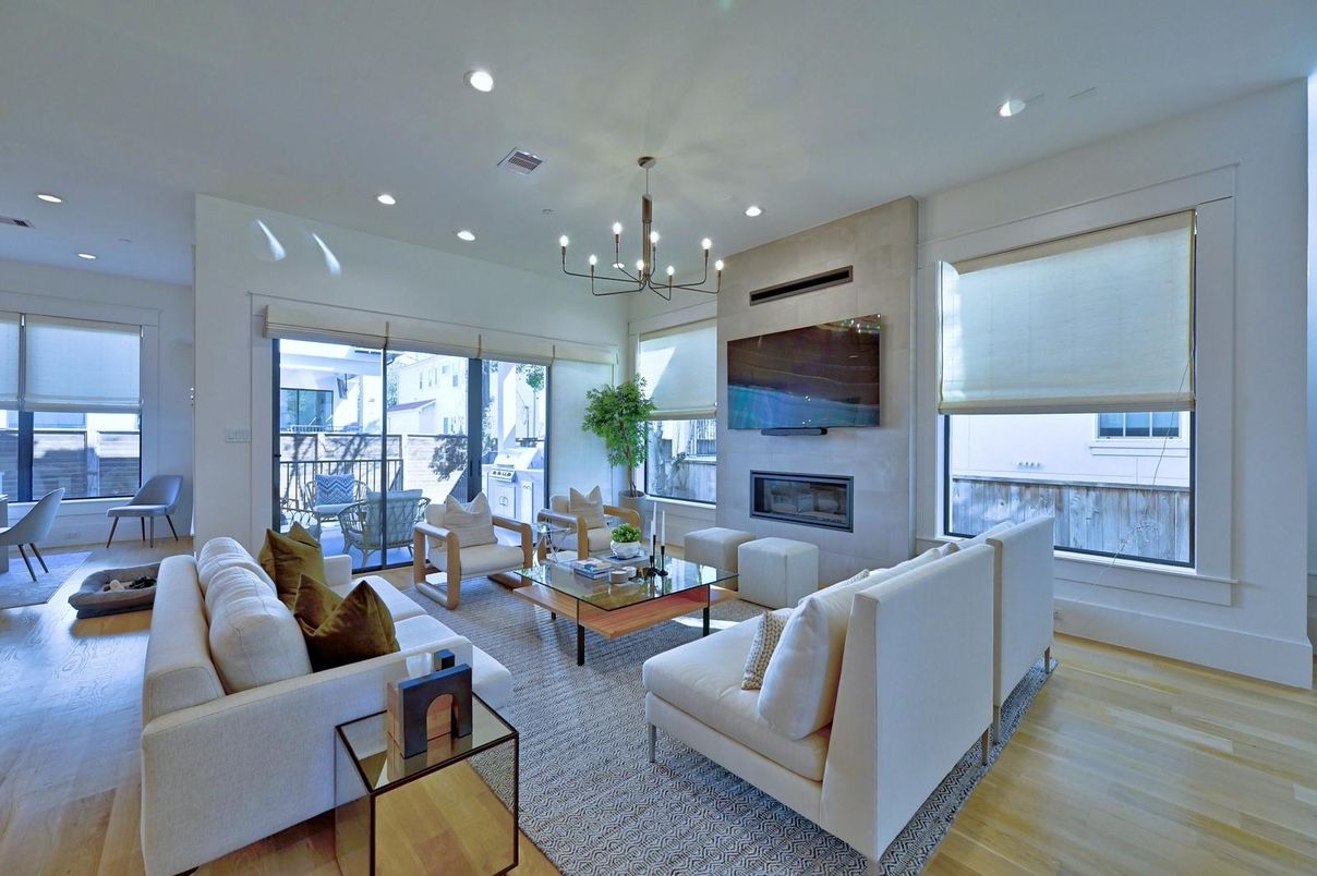 Fireplace, Interior, Living room, Pendant Lights, Recessed Lighting, Wood Texture Flooring