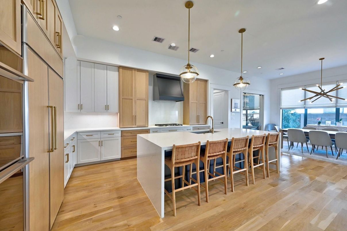 Dining room, Interior, Kitchen, Pendant Lights, Recessed Lighting, Water, Wood Texture Flooring