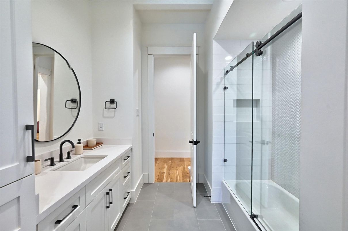 Bathroom, Dual Sink Vanities, Glass Shower, Interior, Wood Texture Flooring