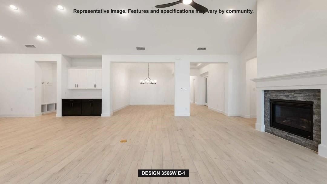 Empty room, Fireplace, Interior, Pendant Lights, Recessed Lighting, Wood Texture Flooring