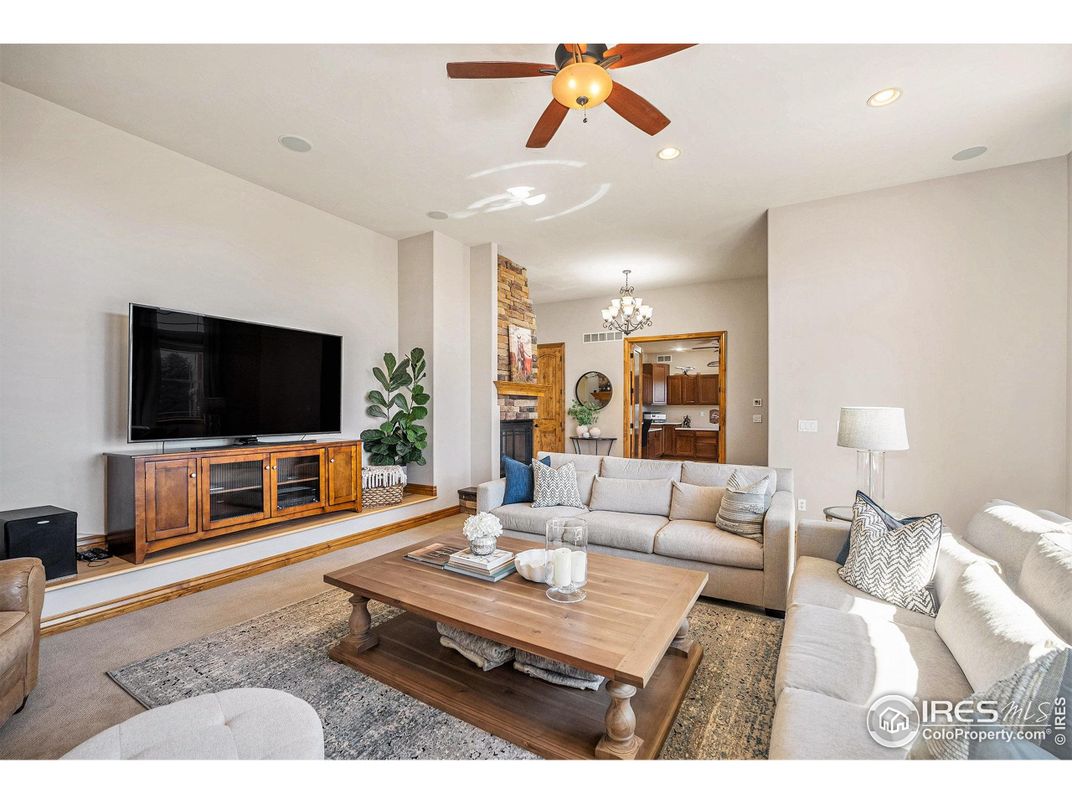 Chandelier, Dining room, Fireplace, Interior, Living room, Recessed Lighting