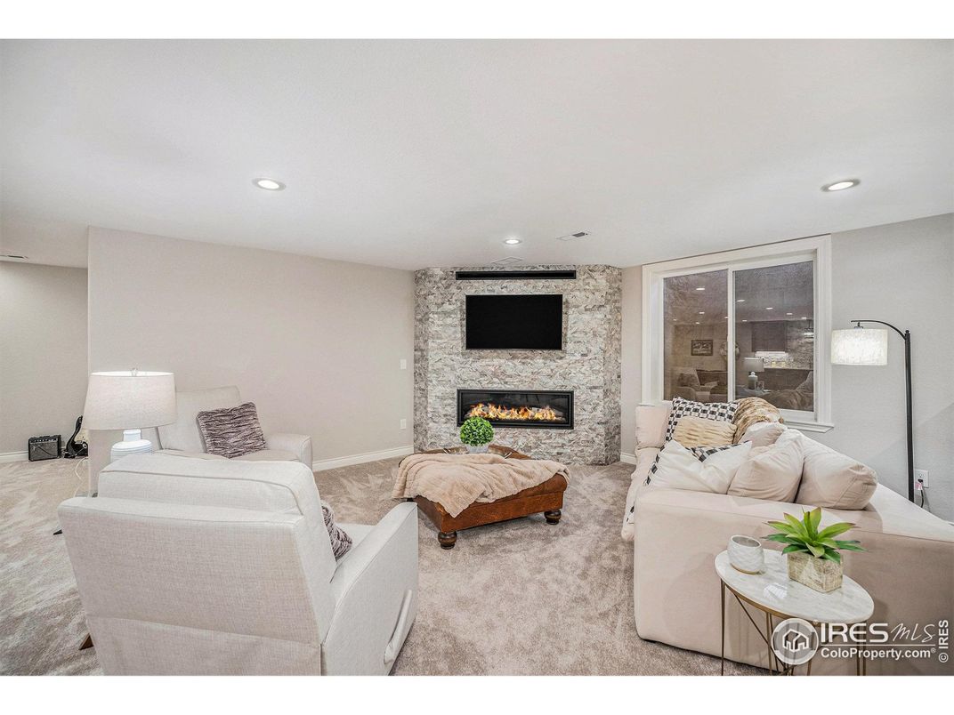 Fireplace, Interior, Living room, Recessed Lighting, Stone Walls