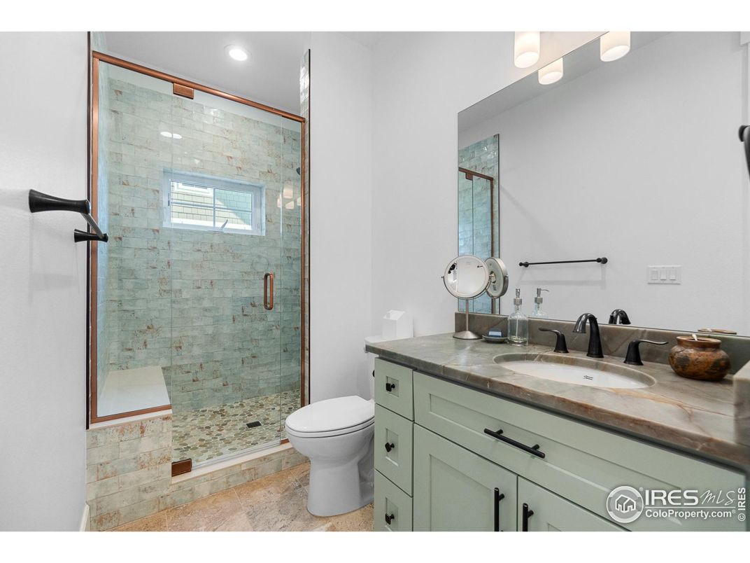 Bathroom, Glass Shower, Interior, Recessed Lighting, Stone Walls