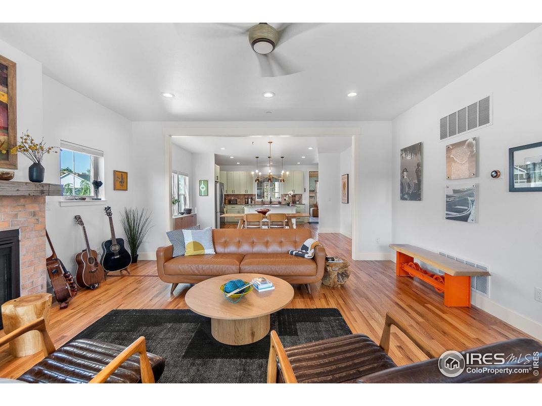 Dining room, Fireplace, Interior, Kitchen, Living room, Pendant Lights, Recessed Lighting, Wood Texture Flooring