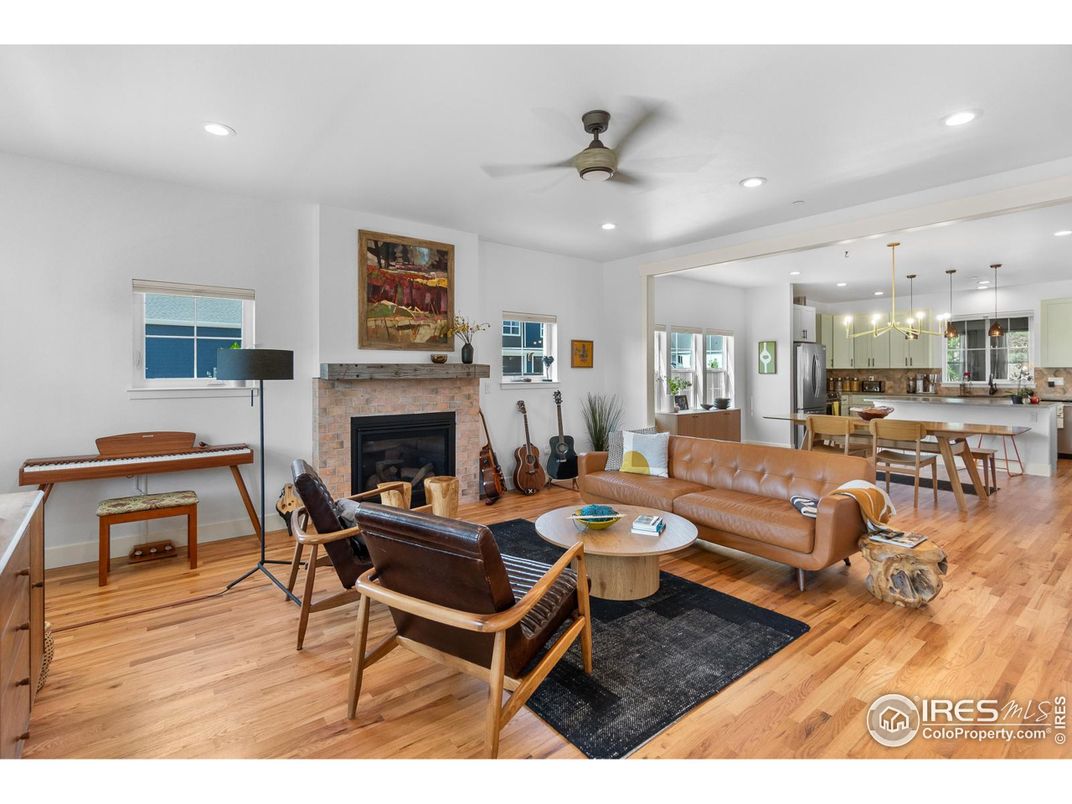 Dining room, Fireplace, Interior, Kitchen, Living room, Pendant Lights, Recessed Lighting, Wood Texture Flooring