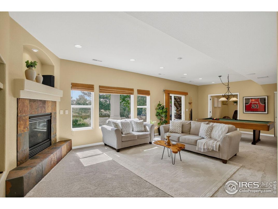 Billiard Table, Fireplace, Game Room, Interior, Living room, Pendant Lights, Recessed Lighting