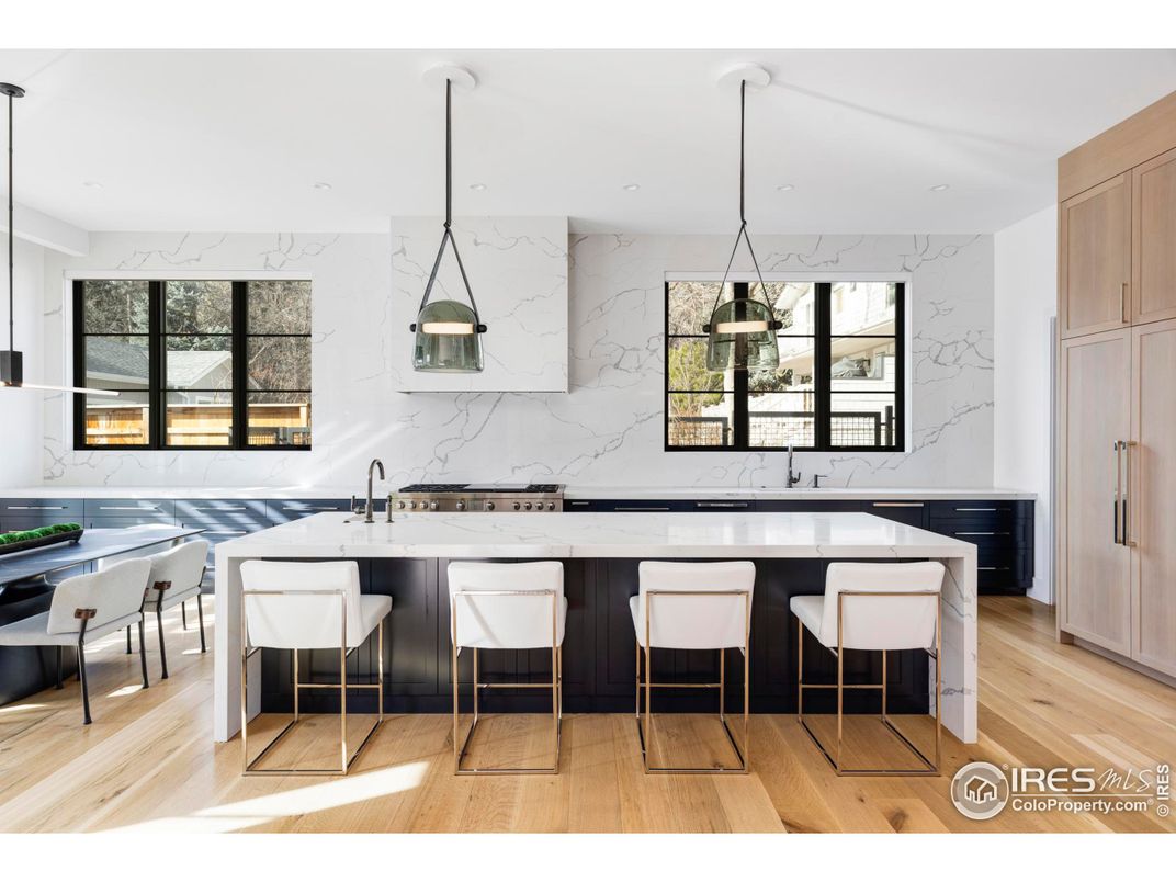 Interior, Kitchen, Marble Walls, Pendant Lights, Recessed Lighting, Wood Texture Flooring