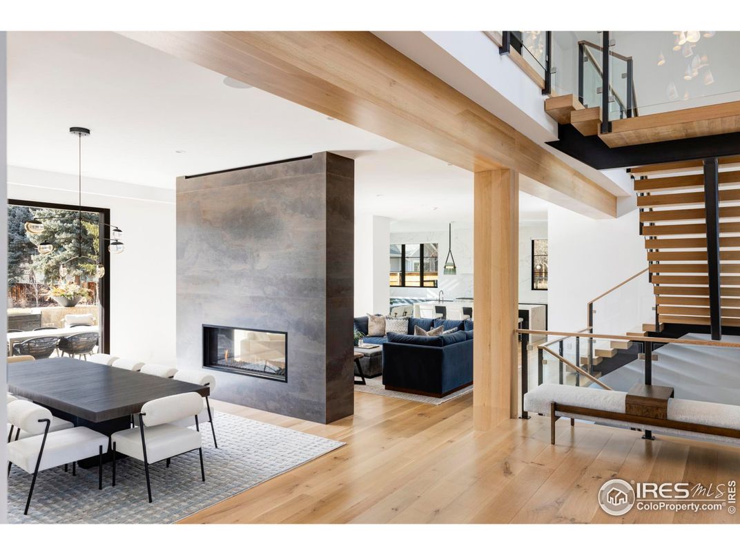 Dining room, Fireplace, Interior, Living room, Pendant Lights, Wood Texture Flooring
