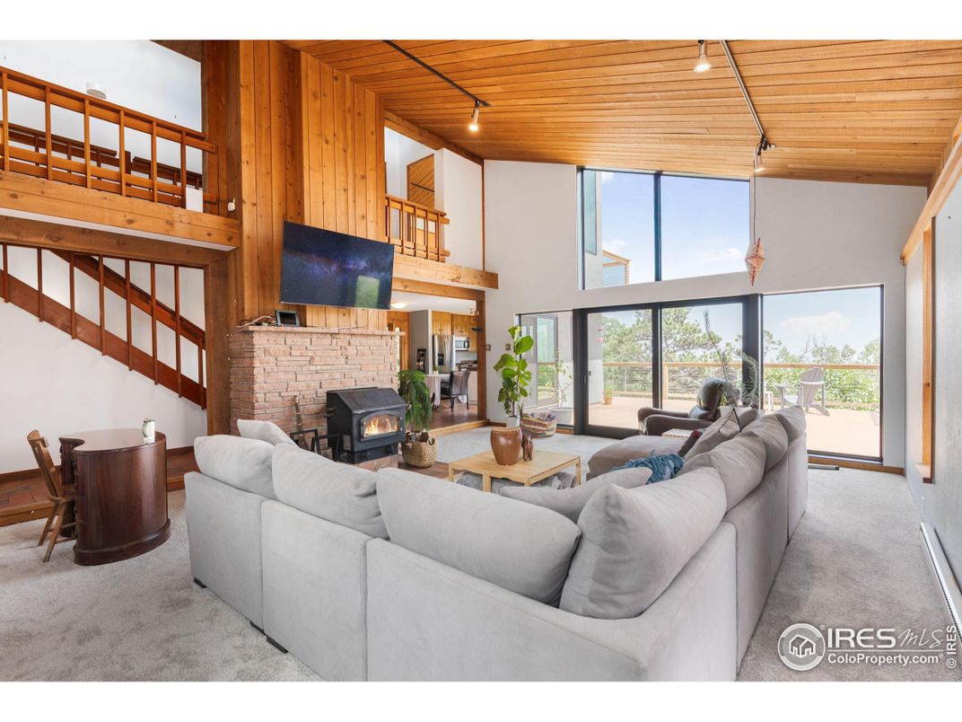 Dining room, Fireplace, Interior, Living room, Recessed Lighting, Wooden Beams, Wooden Ceilings, Wooden Walls