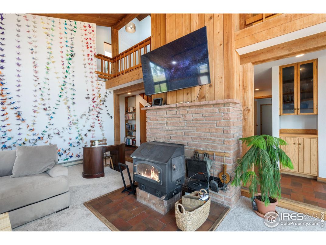 Fireplace, Interior, Living room, Recessed Lighting, Wooden Walls