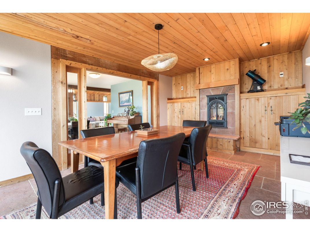 Dining room, Fireplace, Interior, Pendant Lights, Recessed Lighting, Wooden Ceilings, Wooden Walls