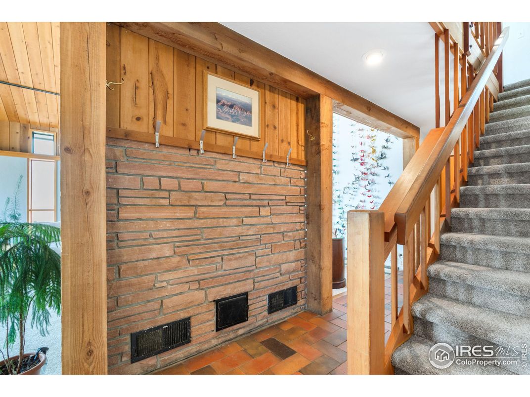 Fireplace, Interior, Recessed Lighting, Stone Walls, Wooden Walls