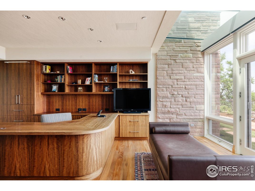 Home Office, Interior, Recessed Lighting, Stone Walls, Wood Texture Flooring
