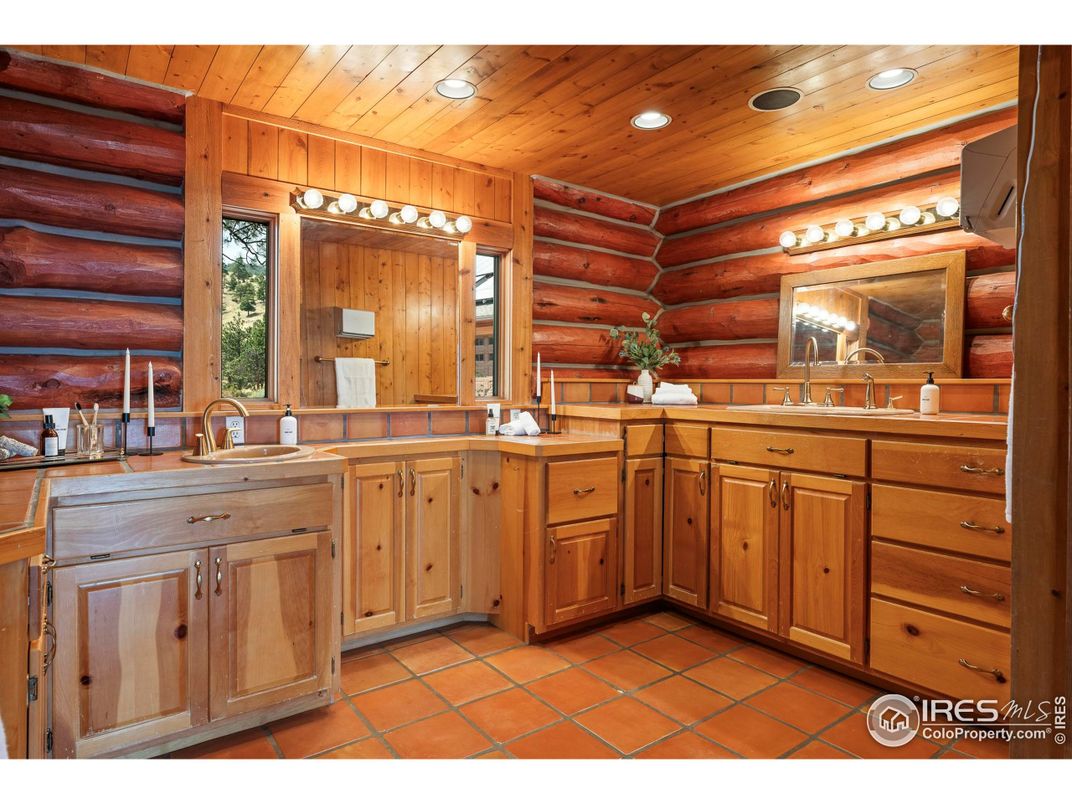 Bathroom, Dual Sink Vanities, Interior, Recessed Lighting, Wooden Ceilings, Wooden Walls
