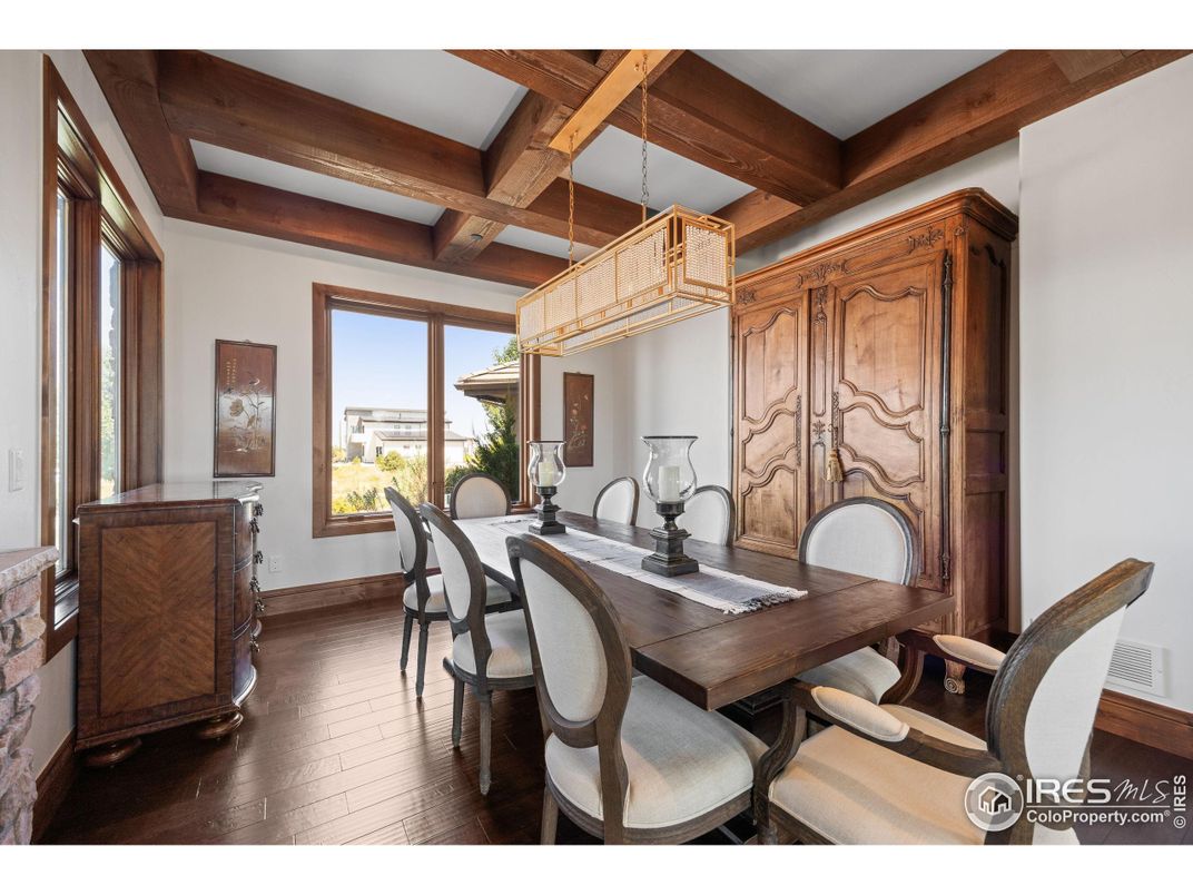 Chandelier, Dining room, Interior, Wooden Beams, Wood Texture Flooring