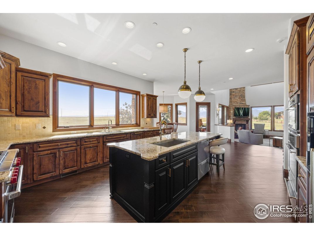 Fireplace, Interior, Kitchen, Living room, Pendant Lights, Recessed Lighting, Wood Texture Flooring