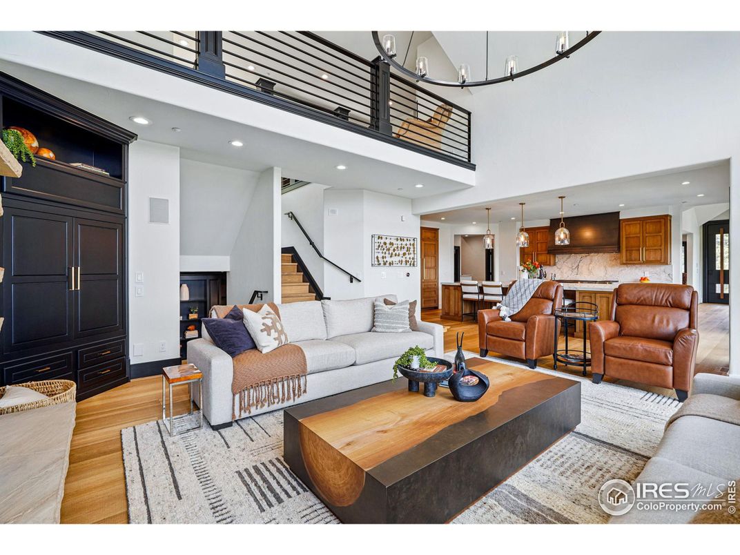 Fireplace, Interior, Kitchen, Living room, Pendant Lights, Recessed Lighting, Wood Texture Flooring