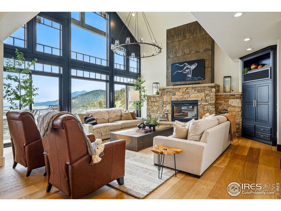 Chandelier, Fireplace, Interior, Living room, Recessed Lighting, Wood Texture Flooring