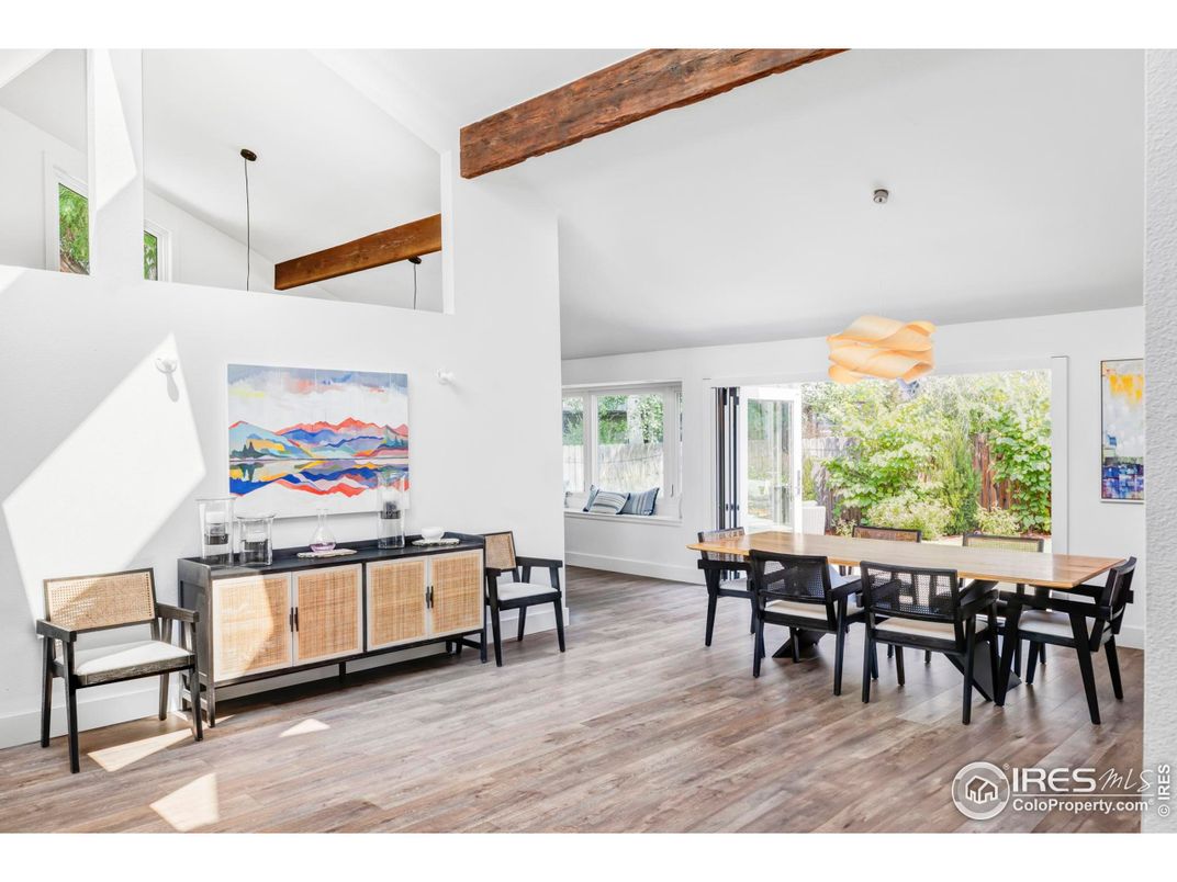 Dining room, Interior, Pendant Lights, Wooden Beams, Wood Texture Flooring
