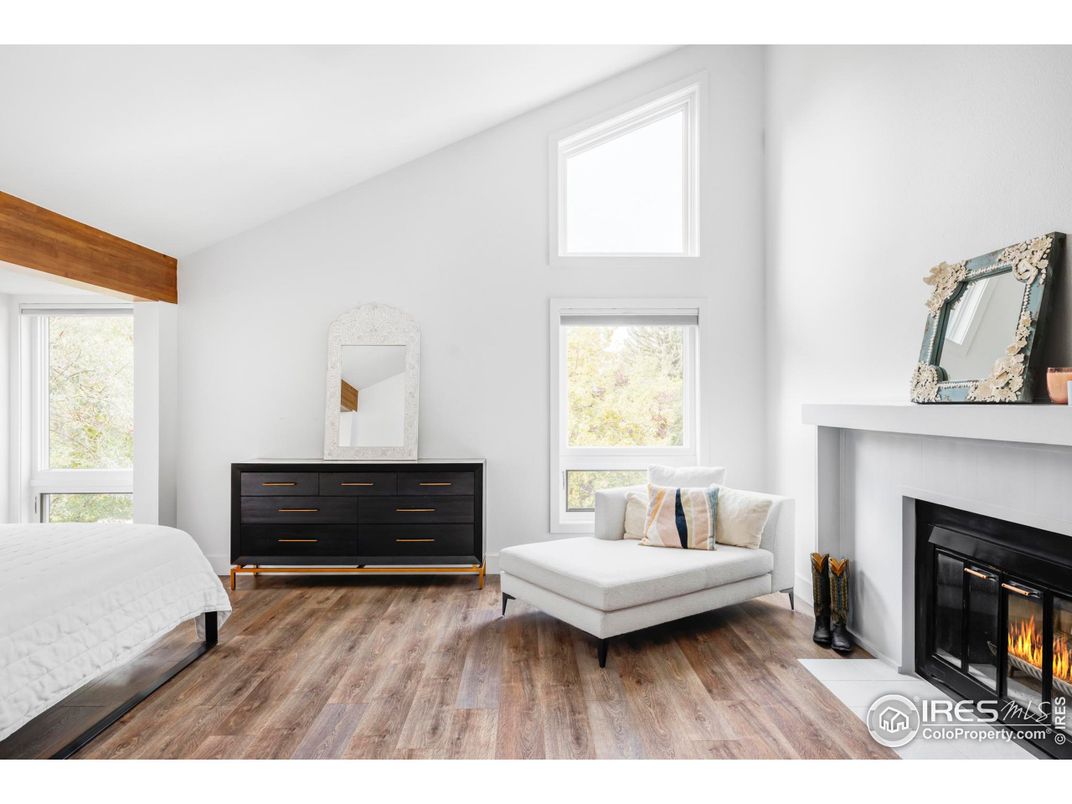 Bedroom, Fireplace, Interior, Wooden Beams, Wood Texture Flooring