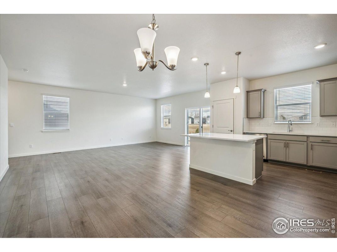 Chandelier, Empty room, Interior, Kitchen, Pendant Lights, Recessed Lighting, Wood Texture Flooring