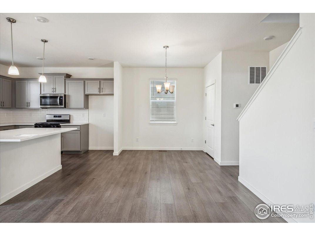 Interior, Kitchen, Pendant Lights, Stainless Steel Appliances, Wood Texture Flooring