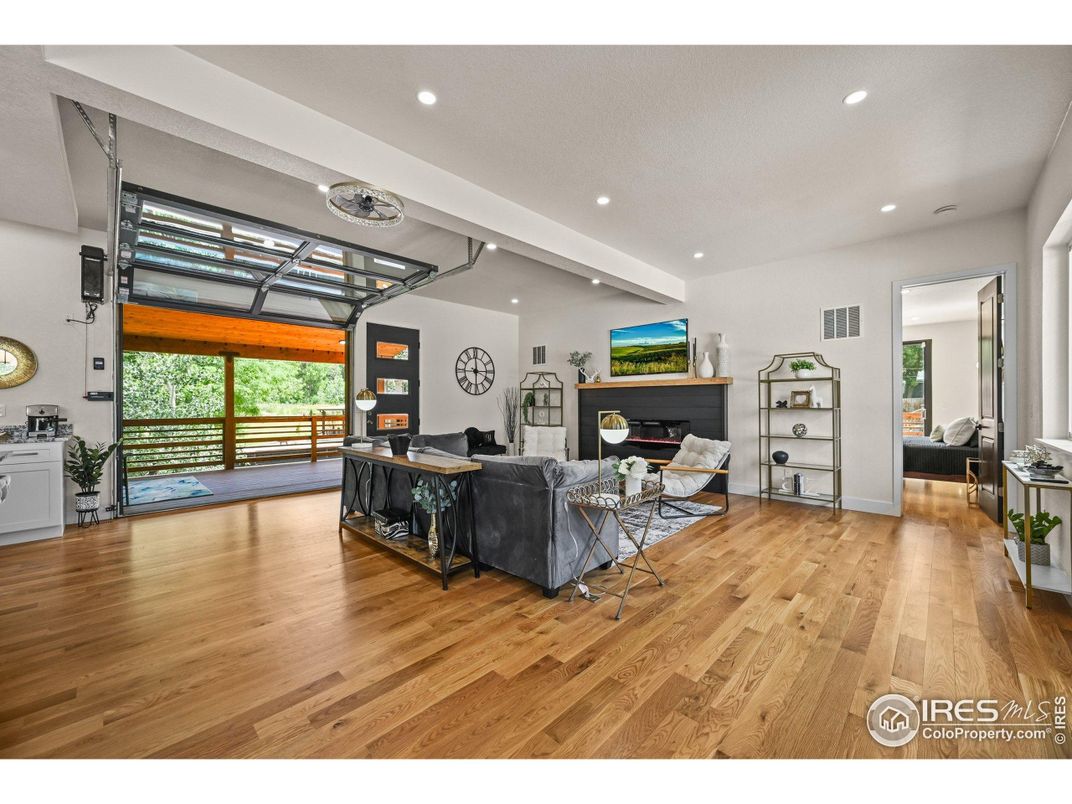Fireplace, Interior, Living room, Recessed Lighting, Wood Texture Flooring