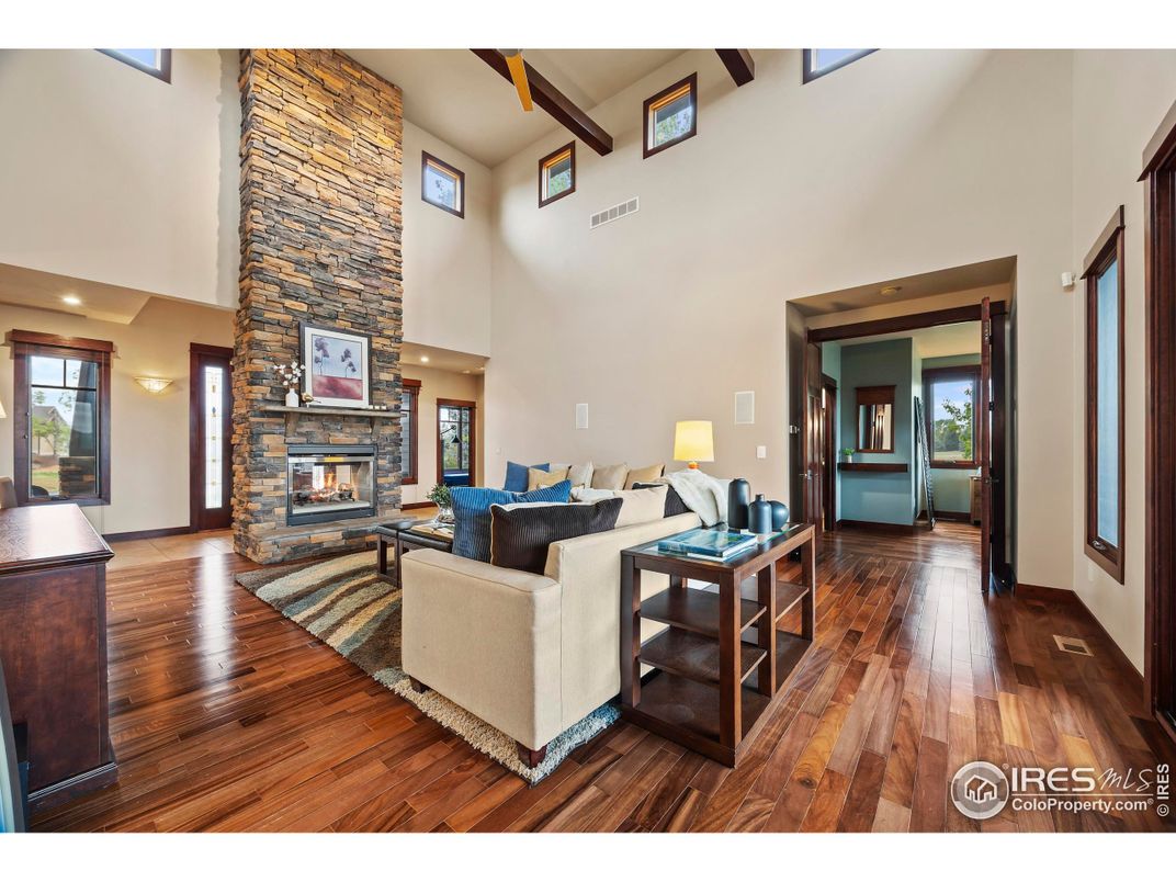 Fireplace, Interior, Living room, Recessed Lighting, Wooden Beams, Wood Texture Flooring