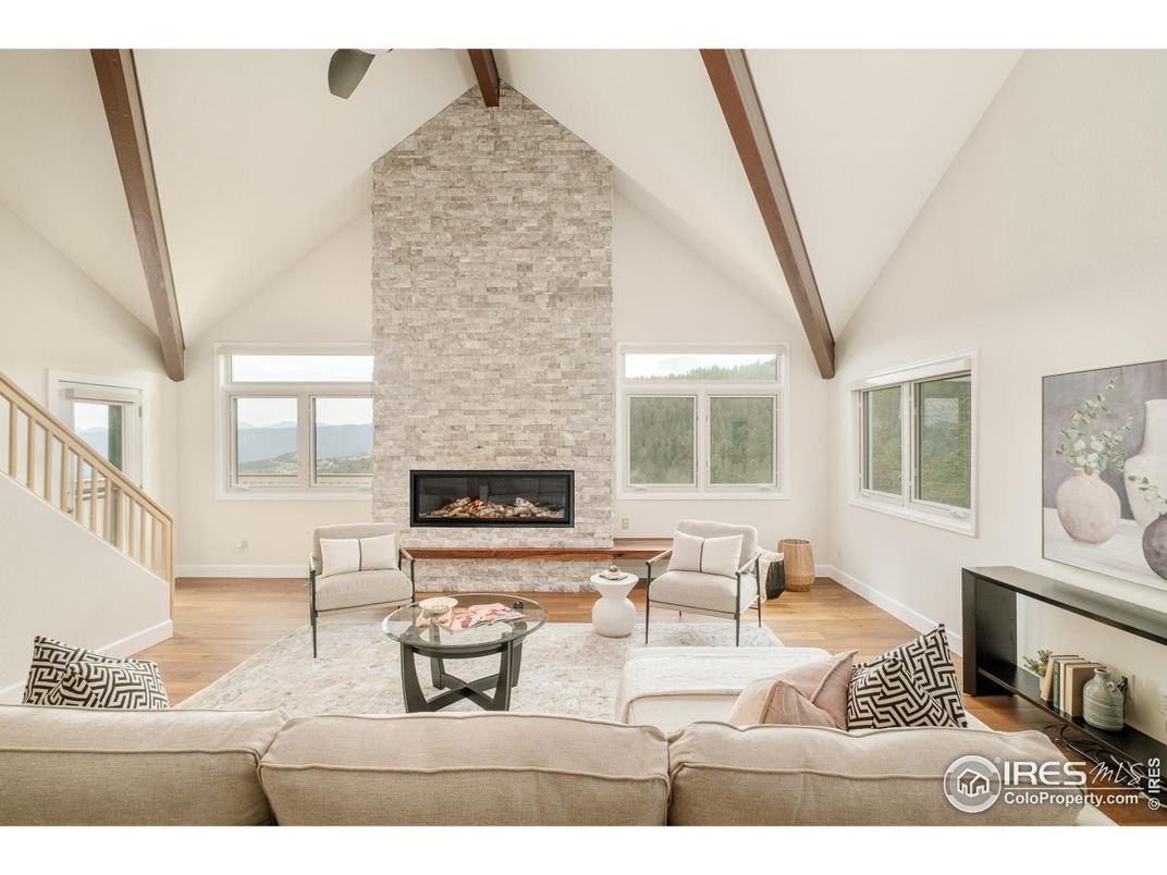 Fireplace, Interior, Living room, Stone Walls, Wooden Beams, Wood Texture Flooring