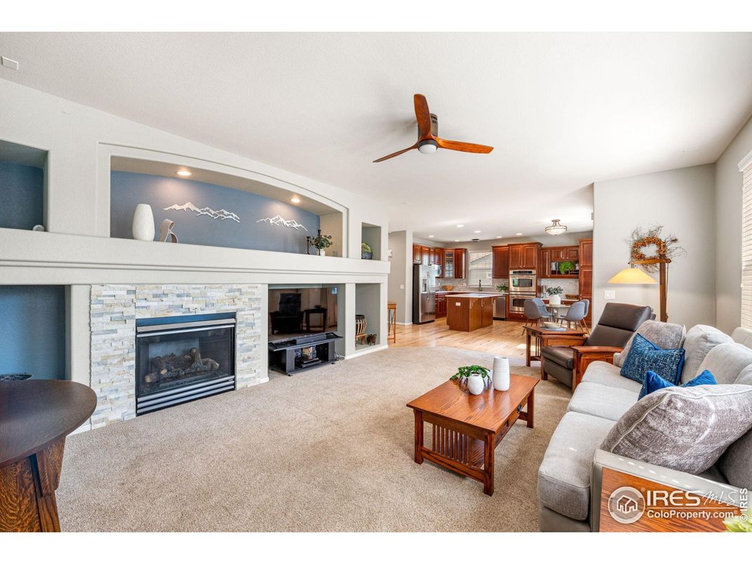 Fireplace, Interior, Kitchen, Living room, Recessed Lighting, Stone Walls