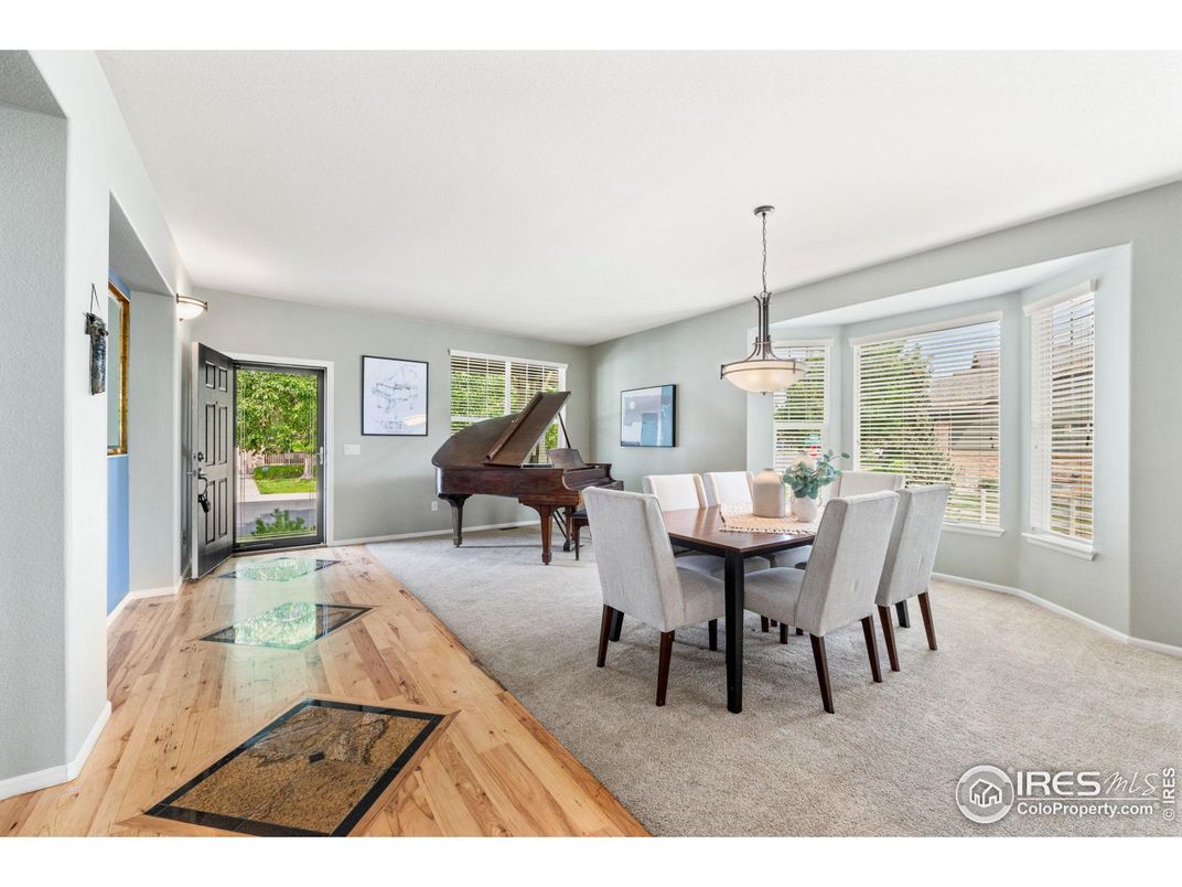 Dining room, Interior, Pendant Lights, Piano, Wood Texture Flooring