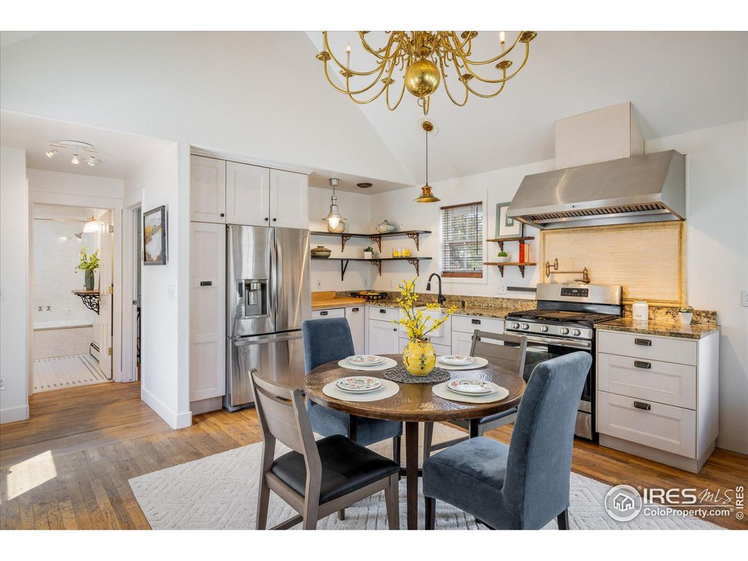 Dining room, Interior, Kitchen, Pendant Lights, Stainless Steel Appliances, Wood Texture Flooring