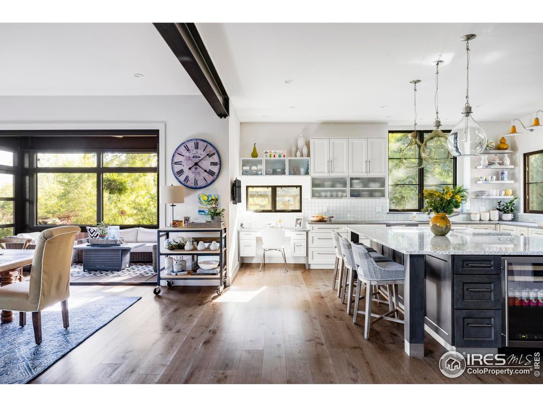 Dining room, Interior, Kitchen, Pendant Lights, Recessed Lighting, Wood Texture Flooring