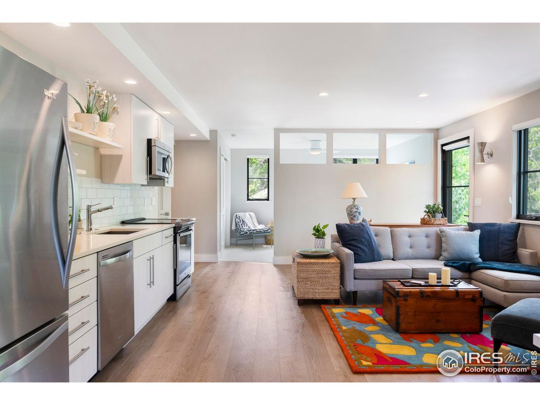 Interior, Kitchen, Living room, Recessed Lighting, Stainless Steel Appliances, Wood Texture Flooring