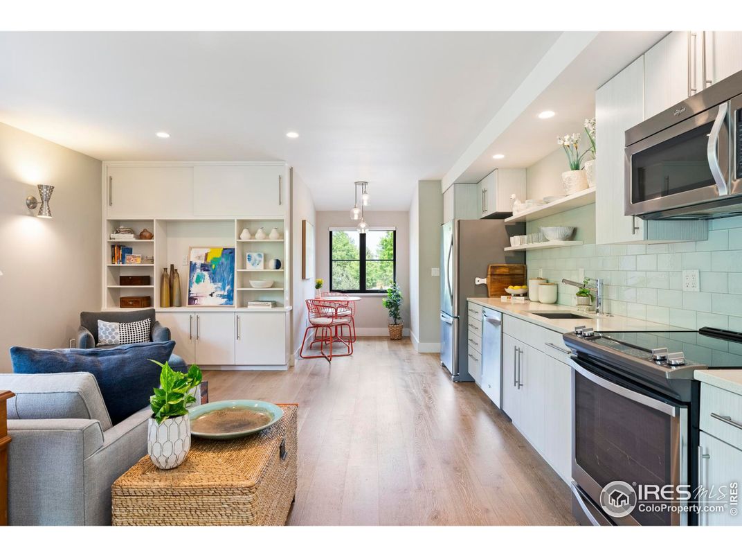 Interior, Kitchen, Living room, Pendant Lights, Recessed Lighting, Stainless Steel Appliances, Wood Texture Flooring