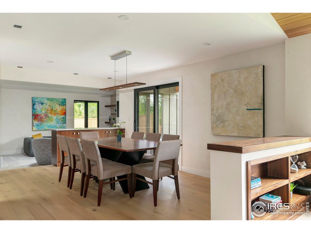Dining room, Interior, Pendant Lights, Recessed Lighting, Wood Texture Flooring