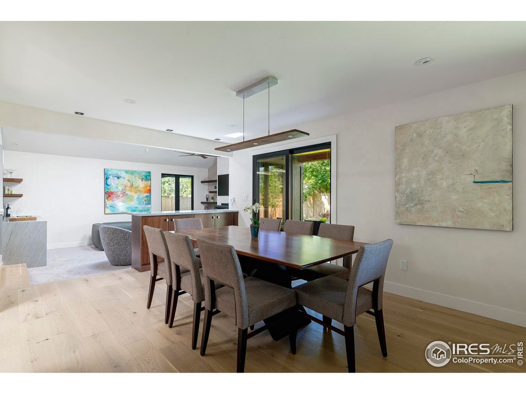 Dining room, Interior, Pendant Lights, Recessed Lighting, Wood Texture Flooring