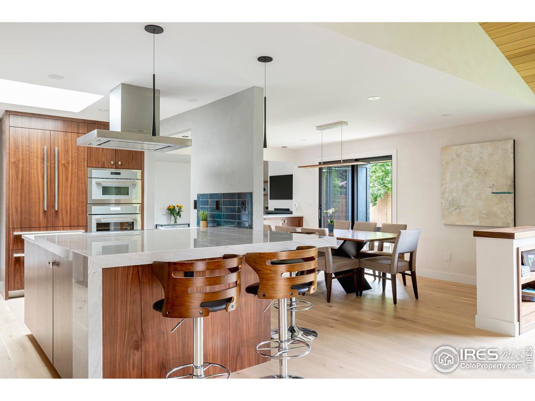 Dining room, Fireplace, Interior, Kitchen, Pendant Lights, Recessed Lighting, Wood Texture Flooring